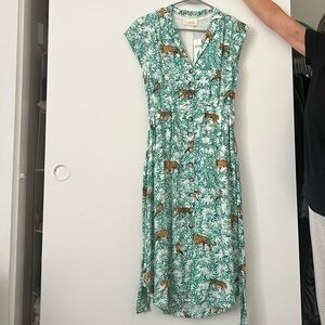 Anthropologie Green and White Tiger Print Midi Dress